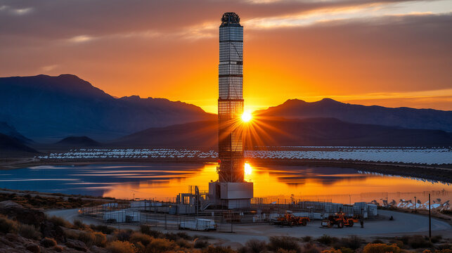 Spring equinox sunrise illuminating concentrated solar power tower surrounded by mirror heliostats, desert landscape, heat shimmer effects, maintenance vehicles on access roads bel