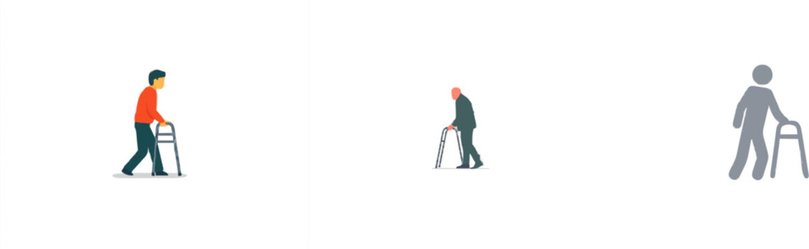 A solitary figure in a red sweater and blue pants uses a simple grey walking frame against a stark white background, evoking themes of mobility and support for the elderly or disabled