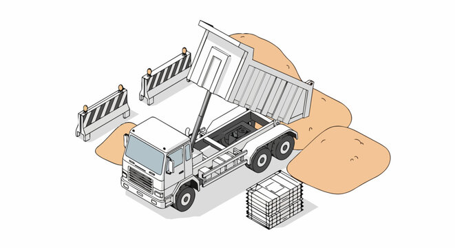 Isometric Illustration of a White Dump Truck Unloading Sand at a Construction Site with Barriers and Building Materials