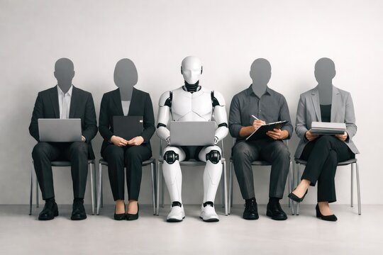 A white humanoid robot sits in a line of faceless people holding laptops and documents during a job interview selection process
