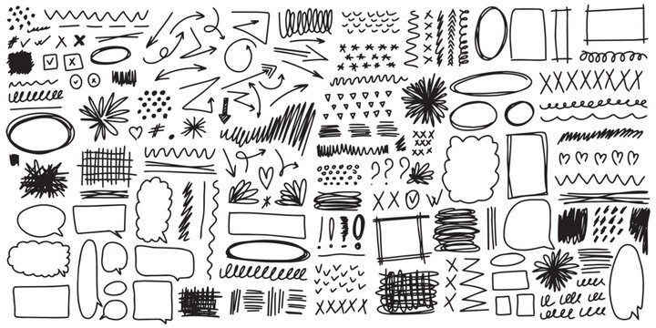 Hand drawn doodle elements collection with arrows shapes speech bubbles symbols frames and abstract lines in black marker style