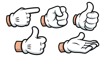 Set of cartoon hands with white gloves showing various gestures like pointing, clenched fist, thumbs up, and open palm on an isolated white background. © Slamet