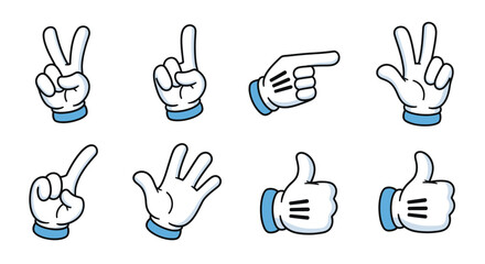 Fototapeta premium Collection of cartoon hands wearing white gloves, showing various gestures including peace sign, pointing, and thumbs up on an isolated white background.