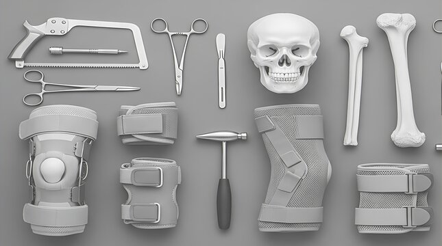 Assorted collection of medical tools braces and anatomical models arranged neatly for orthopedic care