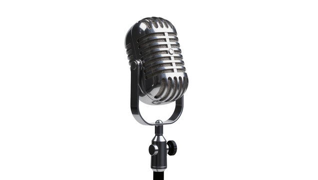 Isolated vintage chrome silver condenser microphone retro old fashioned broadcasting equipment