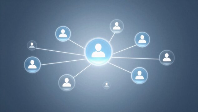 Illustration showing a network of connected people with a central hub in blue