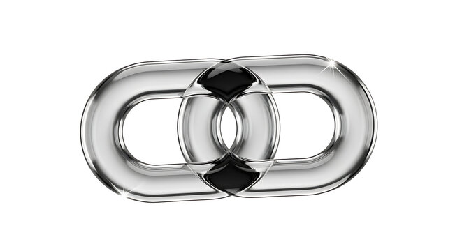 A shiny silver chain link icon with black highlights in a simple and clean design, representing connection and unity for various uses.