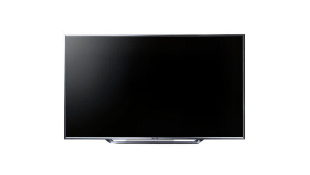 Isolated modern flat screen television with a sleek metallic frame and stand, digital display technology