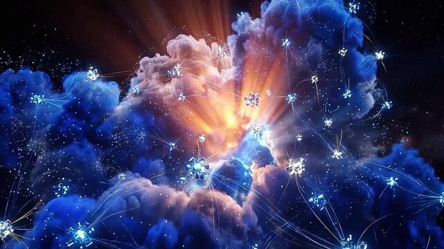 Digital nebula with server nodes representing cloud computing network
