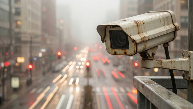 Weathered CCTV camera overlooks a bustling city street with blurred car light trails.