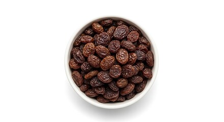 Fototapeta premium A bowl of dried raisins on a white background.