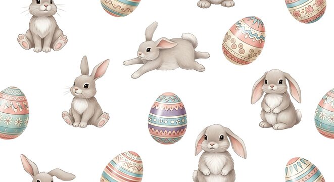 Easter bunnies and decorated eggs pattern.