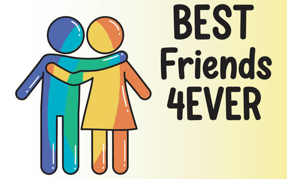 Friendship Day Best friends 4ever text with cartoon characters hugging in colorful flat vector illustration for youth social connection
