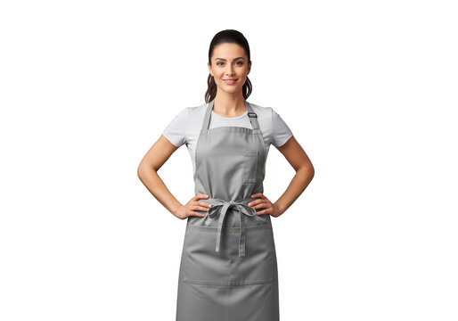 Confident professional wearing a grey apron and standing with hands on hips isolated on transparent background