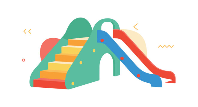 Colorful children playground slide with green stairs and red blue chutes on a white and pastel geometric background.