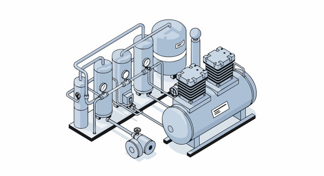 Isometric Industrial Air Compressor System Illustration with Storage Tanks and Piping for Manufacturing and Pneumatic Engineering
