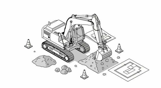 Isometric Excavator Construction Site Illustration with Blueprints and Traffic Cones, Black and White Line Art for Engineering and Building Industry