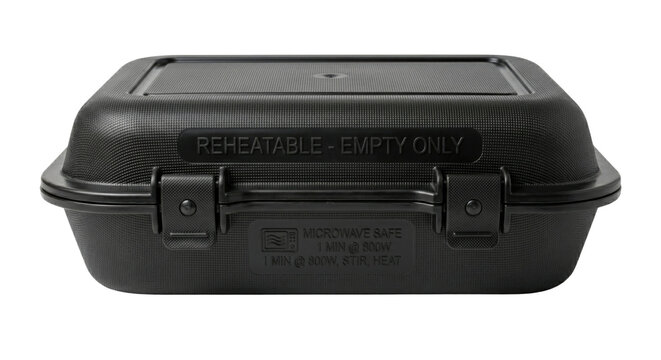 Black plastic reusable food container with latch lid