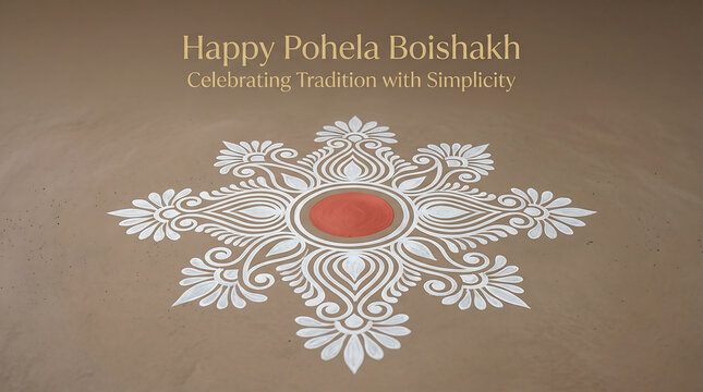 Traditional bengali rangoli design for pohela boishakh celebration with floral patterns and red center on brown background