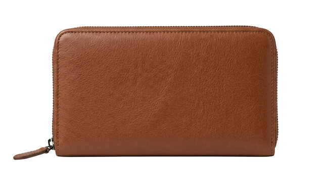 Brown leather zip around wallet on black background