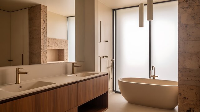 Modern Bathroom Interior with Earth Tone Accents and Unique Fixtures.