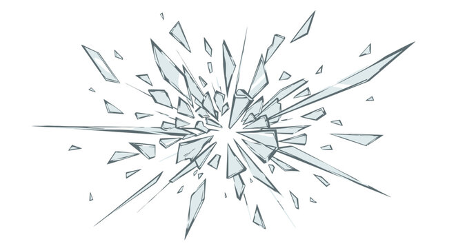Exploding shattered broken glass fragments from a central impact, isolated white background.