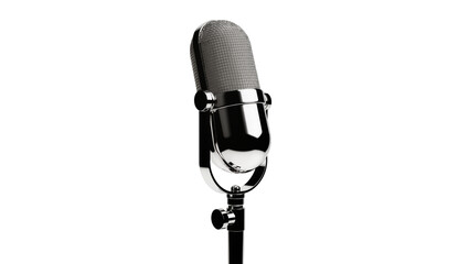 Fototapeta premium Isolated vintage studio microphone in gleaming chrome on a stand for broadcast and music