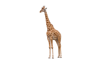 Obraz premium Isolated majestic full-grown giraffe standing tall, showing its long neck and spotted fur.