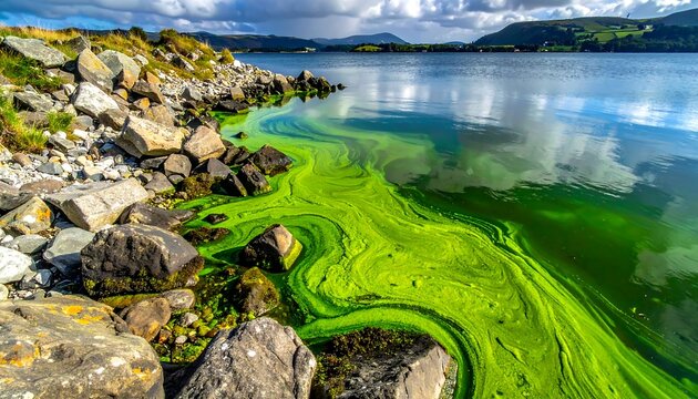 Rocky lakeshore with bright green algae swirls in calm waters under a cloudy sky reflecting in the lake