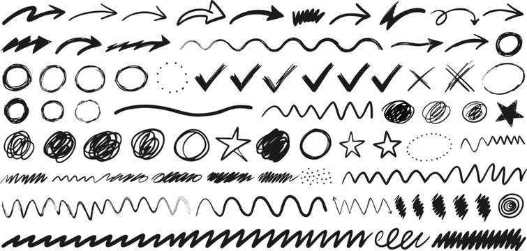 A collection of various hand drawn doodle elements like arrows circles stars and check marks Vector