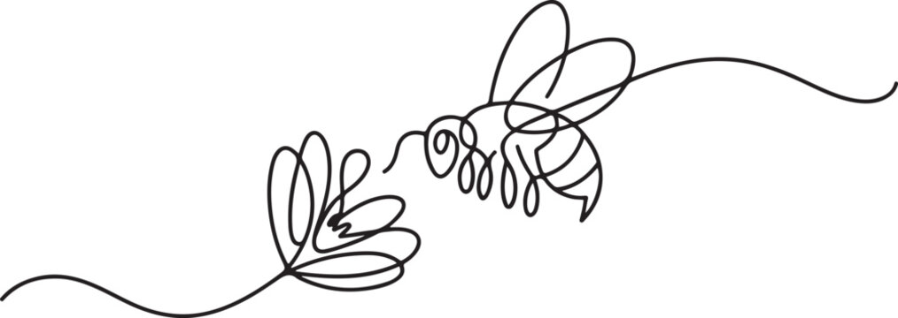 Continuous one line drawing of flaying bee and flower. One line draw graphic design vector