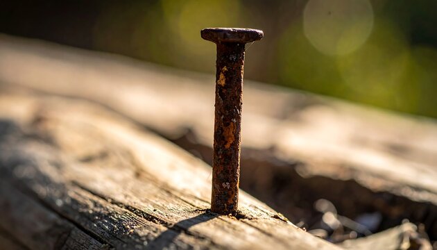 Rusty nail hammered into weathered wood, blurred green background, sunlight