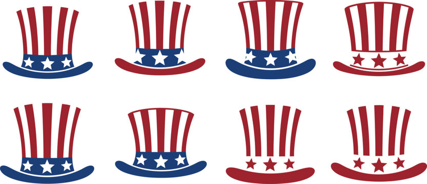 Patriotic uncle sam hat icon set diverse american flag top hats for 4th of july usa designs