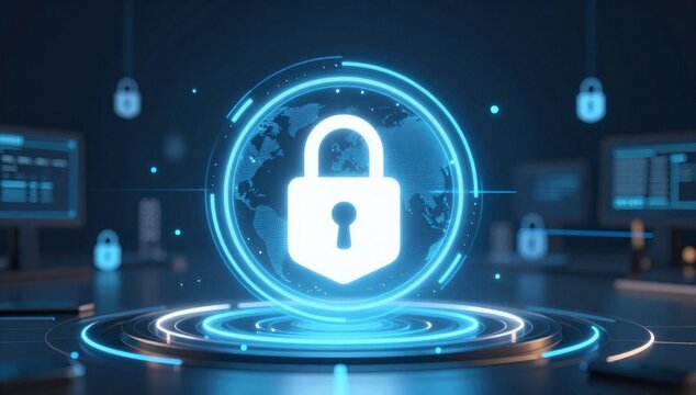 Futuristic representation of global cybersecurity featuring glowing padlock over digital globe