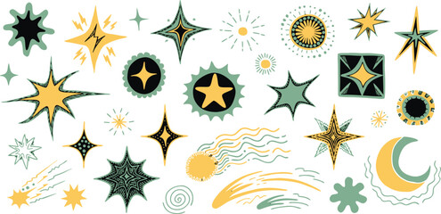 A collection of various celestial icons featuring stars, comets, and a moon in a hand-drawn style Vector © CreativeKamrul