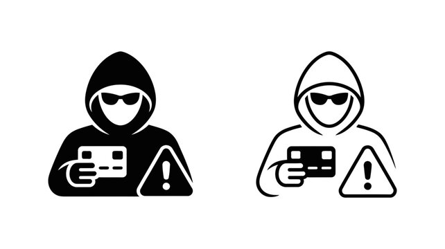 Credit card fraud and identity theft vector icon set featuring hooded hacker with warning alert sign