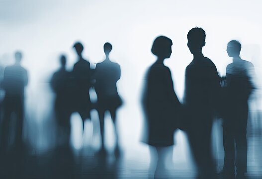 Blurred figures in silhouette against a bright, hazy background