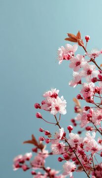 Vertical Spring Greeting Card Layout with Fresh Cherry Blossom Branches and Sky Blue Gradient