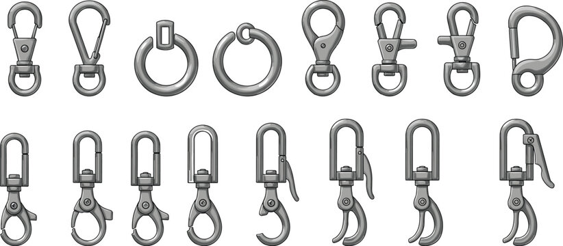 metal snap hooks set, carabiner clips collection, swivel clasp hardware, bag accessories, keychain hooks, industrial fasteners, vector illustration pack