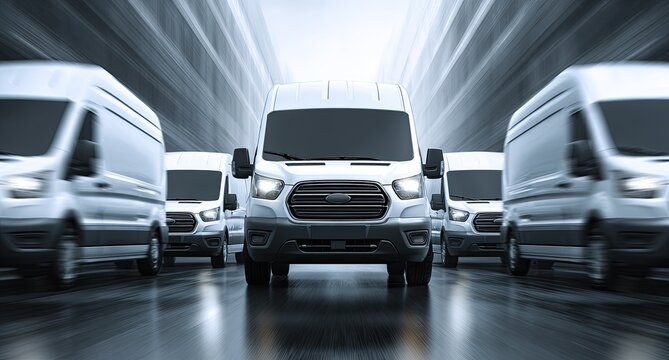 Multiple white delivery vans in motion, converging forward on a wet road