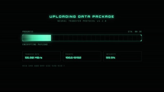 Futuristic Sci-Fi Cyberpunk Data Package Uploading Interface HUD with Progress Bar and Network Transfer Stats
