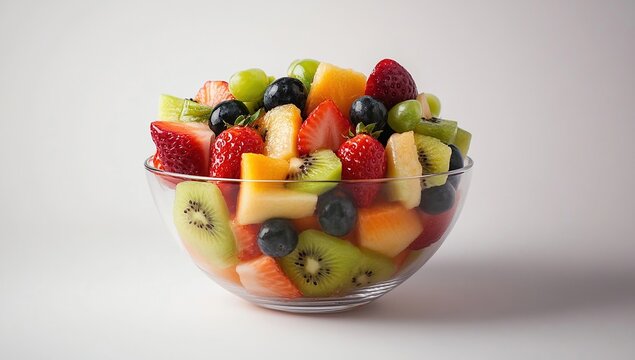 Fresh fruit salad in a clear glass bowl against white background.