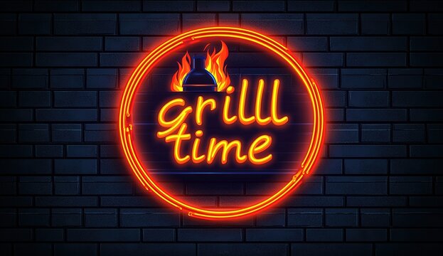 Grill time neon sign with flames on brick wall background, barbecue concept.