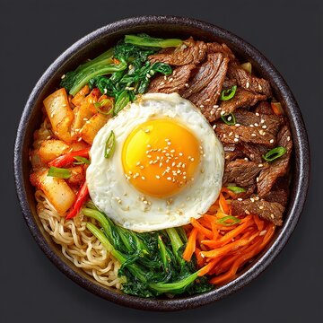 Korean beef bibimbap bowl with fried egg noodles kimchi carrots and bok choy healthy meal.