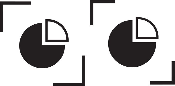 Two monochrome pie chart icons with missing segment and focus brackets representing data analysis and statistics analysis statistics business presentation progress percentage information