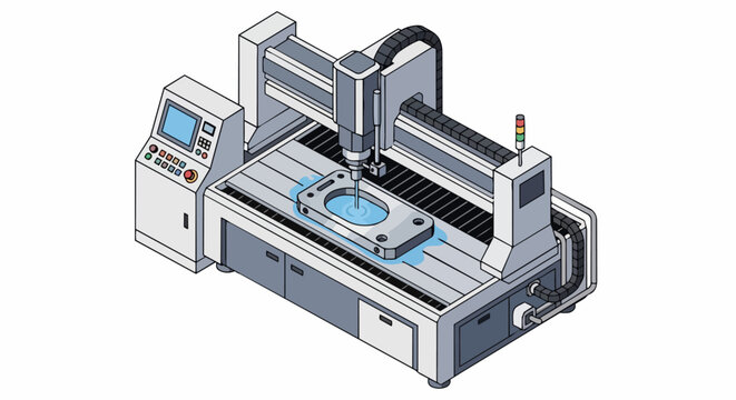 Industrial CNC Milling Machine Isometric Illustration - Automated Precision Metalworking and Manufacturing Equipment