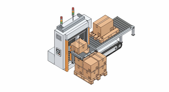 Automated Industrial Palletizer Machine Loading Cardboard Boxes onto Pallets Isometric Illustration
