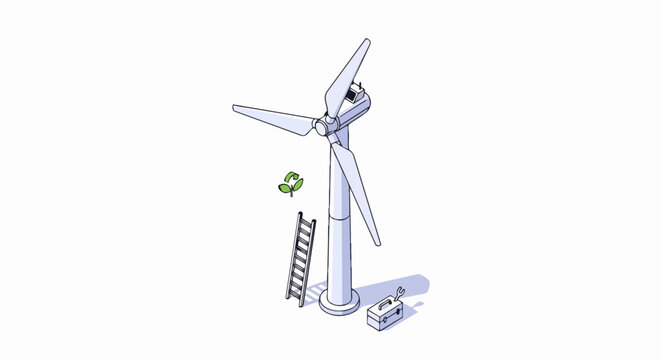 Isometric Wind Turbine Maintenance Illustration with Toolbox, Ladder and Green Recycle Icon for Renewable Energy and Sustainability Concepts