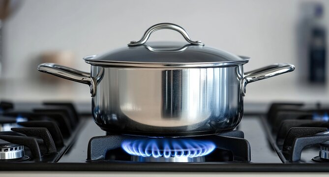 Stainless steel cooking pot on gas stove burner with blue flames in modern kitchen setting.