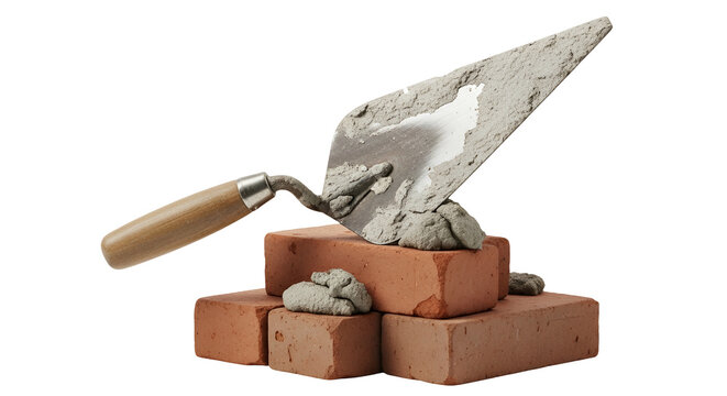 Bricklaying trowel with cement on stacked red clay bricks against black backdrop in studio shot for construction and masonry work